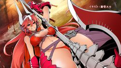  arm_up axe bare_shoulders breasts cape demon_girl demon_horns end_card female foreshortening from_below gauntlets hair_between_eyes halberd helmet highres holding holding_axe holding_weapon horns large_breasts long_hair looking_at_viewer navel non-web_source official_art panties parted_lips pointy_ears polearm purple_eyes red_hair red_panties satan_(the_seven_deadly_sins) shindol smile solo stomach the_seven_deadly_sins thighhighs underwear weapon 