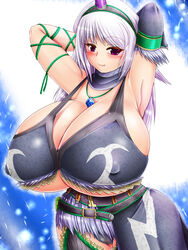  armpits arms_up baroque20320514fu belt bra breasts capcom cleavage collar covered_nipples curvy elbow_gloves erect_nipples female female gigantic_breasts gloves hair_ornament hand_behind_head highres hips horn huge_breasts jewelry kirin_(armor) long_hair monster_hunter necklace oroshi_kirin_(armor) panties ponpo purple_eyes shiny smile solo standing underboob underwear white_hair 