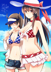  2girls ahoge akagi_(kancolle) blush breasts brown_hair collarbone commentary_request denim denim_shorts food groin halterneck hat hat_ribbon highres kaga_(kancolle) kantai_collection large_breasts long_hair looking_at_viewer midriff multiple_girls navel ocean popsicle ribbon sarong short_hair shorts side_ponytail signature swimsuit swimsuit_under_clothes visor_cap wiping_face yellow_eyes yukiyanagi_raki 