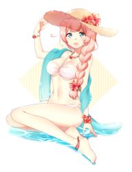  anklet bad_id bad_pixiv_id barefoot bikini blue_eyes bracelet braid breasts cleavage female flower full_body hair_flower hair_ornament hair_over_shoulder hat hat_flower hibiscus iwaoka_(sikabanenomiti_park) jewelry large_breasts legs long_hair nail_polish navel necklace o-ring o-ring_bikini original pink_hair scarf scrunchie single_braid sitting smile solo straw_hat swimsuit toenail_polish toenails wrist_scrunchie 