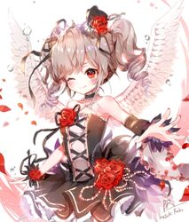  :q b_rock bad_id bad_pixiv_id bare_shoulders black_choker blush character_name choker closed_mouth commentary_request detached_sleeves drill_hair feathered_wings female flower hair_flower hair_ornament hat idolmaster idolmaster_cinderella_girls kanzaki_ranko looking_at_viewer mini_hat one_eye_closed red_eyes red_flower red_rose rose signature smile solo standing tongue tongue_out top_hat twin_drills twintails white_wings wings 