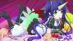  ahoge apple bed beelzebub_(the_seven_deadly_sins) black_footwear black_gloves blush boots canopy_bed chain_leash chains chocolate_banana collar demon_girl demon_wings dress end_card female food from_side fruit gloves grapes green_eyes highres horns leash licking long_hair looking_at_viewer looking_to_the_side lying meat non-web_source official_art on_bed on_stomach open_mouth parted_bangs pointy_ears puffy_short_sleeves puffy_sleeves short_sleeves shouji_ayumu single_horn solo the_seven_deadly_sins thighhighs twintails white_thighhighs wings 