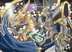  alphamon armor black_armor blue_cape cape claws commentary_request digimon digimon_(creature) digital_monster_x-evolution dragon dual_wielding gem gold_armor green_eyes helmet highres holding horns knight monster no_humans ouryumon purple_hair red_eyes shoulder_pads sword teeth torn_cape torn_clothes weapon white_cape wings yamamoto_zetta zero_unit 