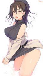  artist_name bare_shoulders belt beret black_belt black_hair black_sweater blush breasts clothes_tug coat commentary covered_nipples curly_hair earrings female hair_between_eyes hat highres idolmaster idolmaster_cinderella_girls jewelry large_breasts looking_at_viewer mole mole_under_eye mukka off_shoulder open_mouth panties ribbed_sweater sharp_teeth sunazuka_akira sweater sweater_tug sweater_vest teeth thick_thighs thighs trench_coat twintails underwear wading wet wet_clothes white_panties yellow_eyes 