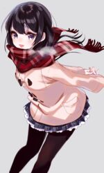  :d arms_behind_back black_hair blush breath brown_coat brown_pantyhose coat commentary_request duffel_coat enpera female fingernails fringe_trim grey_background grey_skirt highres leaning_forward long_hair long_sleeves looking_at_viewer looking_to_the_side misumi_(macaroni) nijisanji open_mouth pantyhose plaid plaid_scarf plaid_skirt pleated_skirt purple_eyes red_scarf scarf simple_background skirt smile solo tsukino_mito tsukino_mito_(6th_costume) virtual_youtuber 