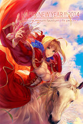  2014 ahoge blonde_hair breasts cape dress fate/extra fate_(series) female green_eyes happy_new_year horse large_breasts nero_claudius_(fate) nero_claudius_(fate/extra) new_year photoshop_(medium) red_dress ribbon simosi solo 