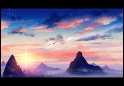  cloud commentary_request dragon eastern_dragon flying fog letterboxed matsuki_(mikipingpong) mountain no_humans original outdoors scenery sky sun 