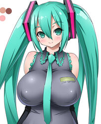  arms_behind_back bare_shoulders breasts commentary_request covered_nipples detached_sleeves female frilled_shirt frills green_eyes green_hair hair_between_eyes hair_ornament hatsune_miku huge_breasts light_smile long_hair looking_at_viewer necktie onomeshin photoshop_(medium) shirt simple_background sleeveless sleeveless_shirt smile solo twintails upper_body vocaloid white_background wide_hips wing_collar 