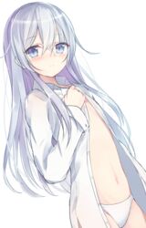  blue_eyes commentary_request female hibiki_(kancolle) huuyu_1z kantai_collection long_hair long_sleeves looking_at_viewer navel open_clothes open_shirt panties shirt solo underwear white_background white_hair white_panties 