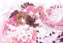  3girls ;d angel angel_wings bottle_(x890264) brown_hair cardcaptor_sakura choker commentary_request crossover dress feathered_wings feathers frilled_dress frills hair_ornament hair_ribbon happy hug juliet_sleeves kaname_madoka kinomoto_sakura kinomoto_sakura_(platinum_star_dress) long_hair long_sleeves magical_girl mahou_shoujo_madoka_magica mahou_shoujo_madoka_magica_(anime) misha_(pita_ten) multiple_girls one_eye_closed open_mouth petticoat photoshop_(medium) pink_choker pink_hair pita_ten puffy_short_sleeves puffy_sleeves ribbon short_sleeves smile teeth trait_connection ultimate_madoka very_long_hair white_wings wings 