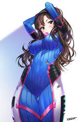  absurdres arms_behind_head arms_up artist_name bad_id bad_pixiv_id blowing_bubbles blush bodysuit breasts brown_eyes brown_hair chewing_gum covered_navel d.va_(overwatch) facial_mark female from_below headgear highres large_breasts legs_together long_hair looking_at_viewer looking_down overwatch overwatch_1 photoshop_(medium) popuru signature simple_background skin_tight solo standing thigh_gap whisker_markings white_background 