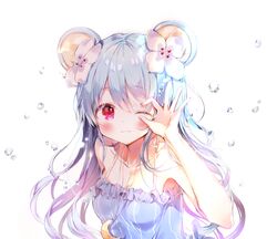  ;3 animal_ears b_rock bad_id bad_pixiv_id bare_arms bare_shoulders blue_hair blush breasts camisole closed_mouth crescent female flower hair_between_eyes hair_flower hair_ornament jewelry long_hair looking_at_viewer medium_breasts mouse_ears necklace one_eye_closed original red_eyes smile upper_body water_drop white_background 