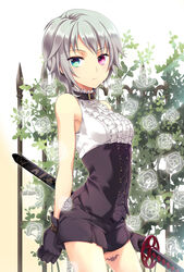  animal_print bare_shoulders bat_print belt belt_buckle black_shorts blue_eyes buckle choker choker_over_clothes commentary corset cosplay female fence flower gloves grey_hair heterochromia holding iri_flina katana korean_commentary lsungmi no_eyepatch petite photoshop_(medium) red_eyes rose short_hair shorts sita_vilosa sita_vilosa_(cosplay) solo sword sword_girls weapon 