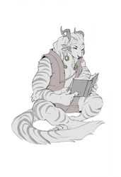  4_ears anthro blue_eyes charr claws clothing crossed_legs dagos fangs felid female flat_chested fluffy fluffy_tail fur guild_wars hi_res horn maara mammal mane multi_ear reading sitting stripes tail teeth 