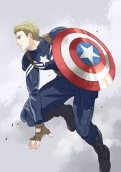  1boy animification bad_id bad_pixiv_id blonde_hair captain_america captain_america:_the_winter_soldier captain_america_(series) fingerless_gloves gloves male_focus marvel marvel_cinematic_universe shield solo steve_rogers superhero_costume yukko93 