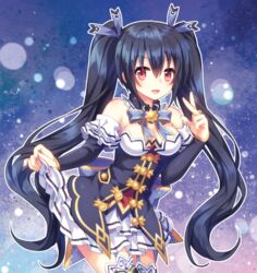  :d bad_id bad_pixiv_id bare_shoulders black_hair breasts choker cleavage detached_collar detached_sleeves female frilled_skirt frills garter_straps hair_between_eyes hair_ribbon leaning_forward long_hair looking_at_viewer medium_breasts narinn neptune_(series) noire_(neptunia) open_mouth red_eyes ribbon ribbon-trimmed_skirt ribbon_choker ribbon_trim skirt skirt_hold smile solo thighhighs twintails very_long_hair white_skirt 