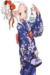  commentary_request female fish fudatsuki_kyouko fudatsuki_no_kyouko-chan hair_ribbon japanese_clothes kimono koi long_hair ponytail ribbon solo white_hair yamamoto_souichirou yukata 