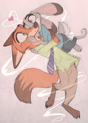  anthro barefoot bottomwear canid canine carrying_another clothed clothing dipstick_ears dipstick_tail disney duo ear_markings feet female fox fur gloves_(marking) green_eyes grey_body grey_fur heart_symbol hi_res judy_hopps lagomorph leporid male mammal markings multicolored_ears multicolored_tail necktie nick_wilde one_eye_closed orange_body orange_fur pants purple_eyes rabbit scut_tail shirt short_tail simple_background tail tail_markings topwear xx-junglebeatz-xx zootopia 