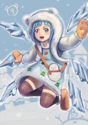  alternate_costume alternate_hairstyle animal_hood black_thighhighs blue_eyes blue_hair blunt_bangs blush cirno commentary_request dress female hat hood ice mittens open_mouth sailex short_hair smile solo thighhighs touhou wings 