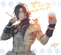  1boy animal_on_shoulder bandaged_arm bandages bare_pectorals bead_bracelet beads beni_(dramatical_murder) bird bird_on_shoulder black_gloves black_hair bracelet brain_hatter_(nitro+_chiral) cup disposable_cup dramatical_murder drinking_straw fingerless_gloves food gloves hair_over_one_eye hair_ribbon hands_up holding holding_cup holding_drinking_straw holding_food ice_cream_cup jewelry koujaku long_hair male_focus midriff_sarashi mouth_hold nitro+_chiral one_eye_covered parted_lips pectorals ponytail red_ribbon ribbon sarashi shaved_ice signature simple_background sinov_mimori solo spoon_straw upper_body white_background 