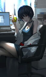  belt black_hair breasts brown_eyes cleavage collar commentary computer crossed_legs desk dress drink female head_tilt highres lab_coat looking_at_viewer off_shoulder persona persona_5 short_dress short_hair sitting small_breasts solo studded_belt studded_collar takemi_tae thighs vafar7 