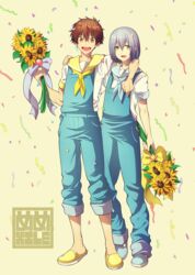  2boys confetti flower high_speed! jumpsuit kirishima_natsuya male_focus memeo_(candy_house) multiple_boys open_mouth sailor_uniform serizawa_nao sunflower 