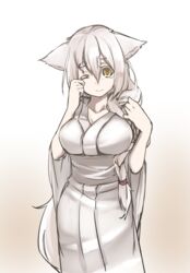  animal_ears breasts closed_mouth cowboy_shot female hair_between_eyes japanese_clothes kimono large_breasts long_hair long_sleeves looking_at_viewer obi original pale_skin sakura_inu sash solo tail tears white_hair wide_sleeves wiping_tears wolf_ears wolf_tail yellow_eyes 