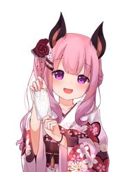  :d animal_ears animare bad_id bad_pixiv_id bat_ears bell blush bracelet collarbone fangs female floral_print flower hair_flower hair_ornament hairclip hands_up highres holding japanese_clothes jewelry jingle_bell kikumon kimono long_hair long_sleeves looking_at_viewer maka_neko nail_polish nanashi_inc. obi open_mouth pink_hair pink_nails print_kimono purple_eyes red_flower sash sidelocks simple_background smile solo tareme tassel umori_hinako upper_body virtual_youtuber white_background white_flower white_kimono wide_sleeves 