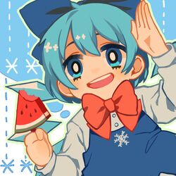  blue_bow blue_dress blue_eyes blue_hair bow cirno commentary_request dress female food fruit hair_ribbon hairbow harrymiao highres ice ice_wings long_sleeves open_mouth popsicle ribbon short_hair smile snowflakes solo touhou upper_body watermelon watermelon_bar wings 