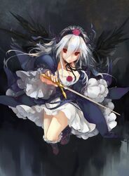  breasts cleavage commentary_request dress feathers female flower frills frown gothic_lolita hairband large_breasts lolita_fashion lolita_hairband long_hair orokanahime red_eyes rose rozen_maiden solo suigintou sword weapon white_hair wings 