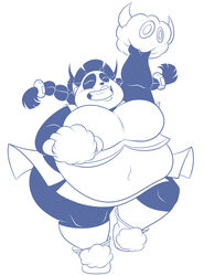  ankama anthro bear blue_and_white chadrocco cheerleader closed_eyes dofus female hi_res lips lipstick makeup mammal monochrome navel overweight overweight_anthro overweight_female pandawa pandawa_queen simple_background solo thick_thighs wakfu 