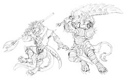  4_ears action_pose anthro armor bone charr claws clothing dagos duo fangs felid female fighting_pose flat_chested fluffy fluffy_tail fur glaive guild_wars hi_res horn male mammal mane melee_weapon multi_ear open_mouth polearm pose simple_background skull sword tail teeth weapon 