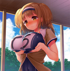  blush breast_lift breasts brown_eyes cloud cloudy_sky commentary_request covered_nipples day female hairband i-26_(kancolle) kantai_collection large_breasts light_brown_hair long_hair minami_(apricot_tea) nose_blush school_swimsuit sky solo swimsuit two-tone_hairband two_side_up upper_body wavy_mouth 