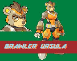  anthro armor bear better_version_at_source brawler_ursula brown_hair capcom claws fan_character female hair looking_at_viewer machine mammal mega_man_(series) mega_man_x_(series) robot solo text ultimatemaverickx 