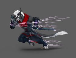  4_ears action_pose anthro black_body black_fur charr claws clothing dagger dagos fangs felid female flat_chested fluffy fluffy_tail fur guild_wars hi_res horn magic mammal mane melee_weapon multi_ear pose simple_background solo tail teeth weapon white_body white_eyes white_fur 