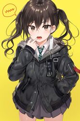  :o absurdres bad_id bad_twitter_id black_jacket black_skirt blush brown_eyes brown_hair collared_shirt commentary cowboy_shot drawstring female green_necktie hair_between_eyes hand_in_pocket highres hood hood_down hooded_jacket idolmaster idolmaster_cinderella_girls jacket legs_apart long_hair long_sleeves looking_at_viewer mask mask_around_one_ear miniskirt mole mole_under_eye mouth_mask mouth_pull necktie open_mouth pleated_skirt sharp_teeth shirt sidelocks simple_background skirt sleeves_past_wrists solo speech_bubble standing striped striped_necktie sunazuka_akira surgical_mask teeth tokkyu twintails wavy_hair white_shirt yellow_background 