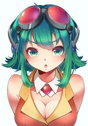  blush breasts cleavage female from_above goggles goggles_on_head green_eyes green_hair gumi hands_behind_back looking_at_viewer nou open_mouth short_hair solo vocaloid 