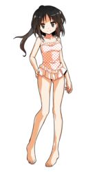  alphes_(style) alternate_costume bare_arms bare_legs bare_shoulders barefoot black_eyes black_hair breasts casual_one-piece_swimsuit closed_mouth collarbone commentary_request dairi eyebrows female full_body hair_up hakurei_reimu hand_on_own_hip legs_apart looking_at_viewer medium_breasts no_hair_bow no_hair_ornament one-piece_swimsuit parody polka_dot polka_dot_swimsuit ponytail silent_sinner_in_blue smile solo standing style_parody swimsuit tachi-e touhou touhou_bougetsushou transparent_background white_one-piece_swimsuit 