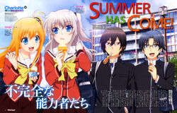  2boys 2girls absurdres bag black_hair blonde_hair blue_eyes blue_hair brown_eyes camcorder charlotte_(anime) food glasses grey_hair highres hoshinoumi_academy_school_uniform ice_cream long_hair multiple_boys multiple_girls nishimori_yusa official_art otosaka_yuu school_uniform serafuku short_hair side_ponytail suzuki_risa_(megami) takajou_joujirou tomori_nao two_side_up video_camera 