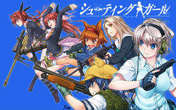  5girls :d anti-materiel_rifle aqua_vest artist_name assault_rifle baseball_cap bipod black_jacket black_shirt black_socks blazer blonde_hair blue_background blue_eyes blue_hair blue_skirt bolt_action bow brown_footwear bullet_hole cardigan_vest closed_mouth collared_shirt commentary_request copyright_name cross-laced_footwear foregrip from_side glasses gloves green_bow green_eyes green_gloves grey_socks group_picture group_profile gun hair_ribbon handgun hat headset highres holding holding_gun holding_weapon imi_galil jacket kneehighs lapels lewis_gun light_brown_hair light_machine_gun lineup looking_ahead looking_to_the_side machine_gun mcmillan_tac-50 midair minebea_pm-9 miniskirt multiple_girls notched_lapels open_collar open_mouth plaid plaid_skirt pleated_skirt polka_dot polka_dot_skirt profile red_hair ribbon rifle sailor_collar school_uniform scope semi-rimless_eyewear serious shiguchi_sou_(shooting_girl) shirt shoes shooting_girl short_sleeves shotgun sig_p220/p226 sig_sauer skirt smile sniper_rifle socks striped_clothes striped_socks submachine_gun teeth touge_sora_(shooting_girl) touge_umi_(shooting_girl) trigger_discipline two-tone_socks under-rim_eyewear upper_body upper_teeth_only vertical_foregrip weapon white_sailor_collar white_shirt white_socks yellow_footwear yellow_headwear yone_(qtron) 