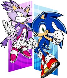  1boy blaze_the_cat closed_mouth expressionless female floating forehead_jewel full_body furry furry_female furry_male gloves green_eyes highres index_finger_raised looking_at_viewer official_art pink_footwear red_footwear shoes smile sneakers sonic_(series) sonic_rush sonic_the_hedgehog third-party_source uekawa_yuji white_gloves yellow_eyes 