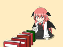  &gt;:) bat_wings blush book commentary_request dominoes dress_shirt excited female head_wings index_finger_raised koakuma long_hair long_sleeves necktie red_eyes red_hair red_necktie shirt sidelocks simple_background skirt skirt_set skycream smile solo sweatdrop touhou trembling v-shaped_eyebrows vest white_shirt wide_sleeves wings yellow_background 