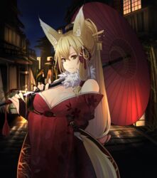  &gt;:) absurdres animal_ears bare_shoulders breasts bridal_gauntlets cleavage closed_mouth cowboy_shot female floral_print fox_ears fox_girl fox_tail from_side fur_trim hair_between_eyes hair_ornament hair_ribbon hair_stick hair_tubes highres japanese_clothes kimono large_breasts long_hair long_sleeves looking_at_viewer looking_to_the_side low-tied_long_hair night obi off_shoulder oil-paper_umbrella original outdoors ponytail ribbon sakura_inu sash smile solo tail umbrella v-shaped_eyebrows very_long_hair wide_sleeves yellow_eyes 