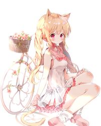  animal_ears b_rock bad_id bad_pixiv_id bicycle blonde_hair blush cat_ears cat_tail choker dress female flower highres long_hair looking_at_viewer original pink_flower pink_footwear pink_sailor_collar pink_skirt red_choker red_eyes sailor_collar sailor_dress shoes short_dress simple_background sitting skirt socks solo tail twintails white_background white_dress white_socks 