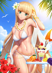  ahoge apple aqua_eyes bad_id bad_pixiv_id banana bikini bird blackberry_(fruit) blonde_hair blue_sky boat bong_bong bracelet breasts cloud day female flower flower_necklace food fruit grapes hair_flower hair_ornament helena_k_sink hibiscus highres honeydew_(fruit) jewelry large_breasts lei lens_flare lily_(flower) lime_(fruit) long_hair navel ocean orange_(fruit) outdoors panties parfait photoshop_(medium) plumeria pocky pomegranate raspberry sailboat scarf seagull shiny side-tie_panties sky smile solo sparkle strawberry swimsuit sword_girls table tree underwear very_long_hair watercraft wet wrist_cuffs 