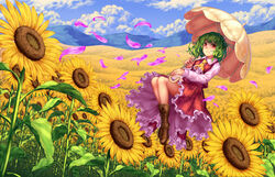  ascot boots brown_footwear cherry_blossoms closed_mouth cloud cloudy_sky collared_shirt commentary_request cross-laced_footwear day falling_petals female floating flower frilled_ascot frills full_body garden_of_the_sun green_hair holding holding_umbrella kazami_yuuka landscape long_sleeves looking_at_viewer mountainous_horizon outdoors petals plaid plaid_skirt plaid_vest red_eyes red_hair scenery shirt short_hair skirt sky smile solo sunflower touhou umbrella vest wasabichan white_shirt yellow_ascot yellow_flower 