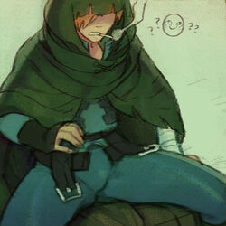  1boy ass_visible_through_thighs black_gloves bulge cigarette clenched_teeth cloak commentary_request fate/extra fate_(series) fingerless_gloves gloves hood hooded_cloak lowres male_focus maro_bideru photoshop_(medium) robin_hood_(fate) shaded_face sitting smoking solo spread_legs teeth 