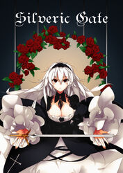  breasts cleavage commentary_request cover cover_page doujin_cover dress female flower frills gothic_lolita hairband large_breasts lolita_fashion lolita_hairband long_hair messy_hair orokanahime red_eyes rose rozen_maiden solo suigintou sword weapon white_hair 