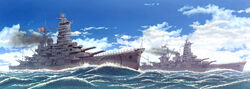  anti-aircraft_gun blue_sky cannon cloud commentary_request day earasensha flag haruna_(battleship) highres imperial_japanese_navy kongou_(battleship) no_humans ocean original photoshop_(medium) radar rising_sun_flag sky smoke sunburst turret water world_war_ii 