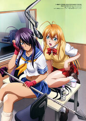  2girls :o absurdres angry antenna_hair aqua_eyes arm_support black_footwear blue_eyes blue_hair blue_sailor_collar blue_skirt blush bottle bow bowtie breasts chair closed_mouth collarbone collared_shirt copyright_name crop_top crossed_legs cup desk drink fingerless_gloves full_body furrowed_brow gloves gotou_junji hair_between_eyes hair_over_one_eye hand_on_headphones hand_on_own_hip hand_up headphones highres holding holding_polearm holding_weapon ikkitousen ikkitousen_xtreme_xecutor impossible_clothes indoors kan&#039;u_unchou kneehighs large_breasts leaning_forward light_smile loafers long_hair looking_at_viewer loose_socks microphone midriff miniskirt multiple_girls navel neckerchief office_chair official_art on_desk on_one_knee open_mouth orange_hair parted_bangs photoshop_(medium) plaid plaid_skirt pleated_skirt polearm radio_booth red_bow red_bowtie red_gloves red_skirt sailor_collar scan school_uniform serafuku shiny_skin shirt shoes short_sleeves shouting sidelocks sitting skirt sleeve_cuffs smile socks sonsaku_hakufu spear straight_hair studio_microphone sweater_vest swivel_chair tan taut_clothes thighs v-shaped_eyebrows vest water water_bottle weapon white_shirt window yellow_bow yellow_neckerchief yellow_vest 